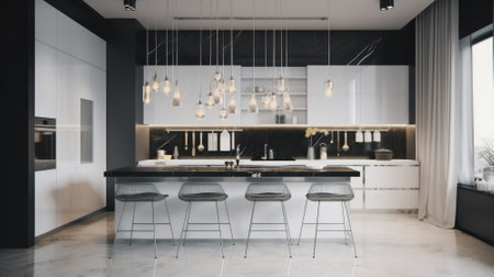 Modern minimalist kitchen room with white glossy facades, kitchen island with bar stools, large window, trendy pendant lights, modern kitchen appliances. Minimalist interior design. 3D rendering.の素材