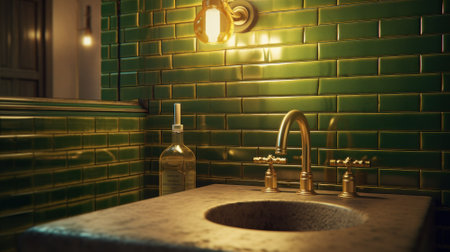 Fragment of a stylish modern luxury bathroom. Green tile walls, quartz stone top with integrated sink, golden color old fashion faucet, wall mirror, wall lamp. 3D rendering.の素材