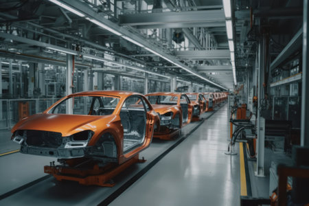 Robotic conveyor line for car assembly. Modern workshop with automated equipment. Mechanical assembly of car bodies. Automated production of cars at the factory, complete replacement for manual labor.の素材