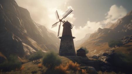A traditional old stone mill on a hillside against the backdrop of beautiful mountains and a vibrant sunset sky. European historical landscape, romance and beauty of nature.の素材