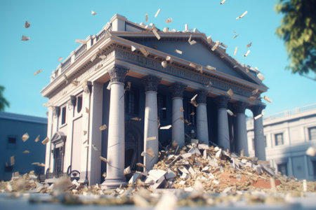 Bank building collapsing in a modern city. Bankruptcy of financial institution. The bricks of the economic foundation are crumbling, stocks and bonds are flying around. Economic crisis. 3D rendering.の素材
