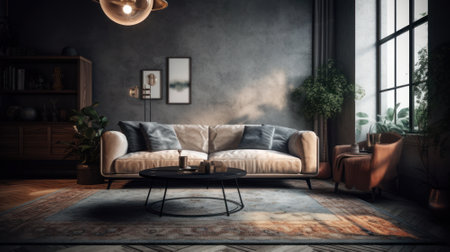 Interior of vintage cozy living room. Stylish sofa and armchair, coffee table, plants in floor pots, carpet, trendy pendant lamps, posters on the wall, modern home decor. Mockup, 3D rendering.の素材