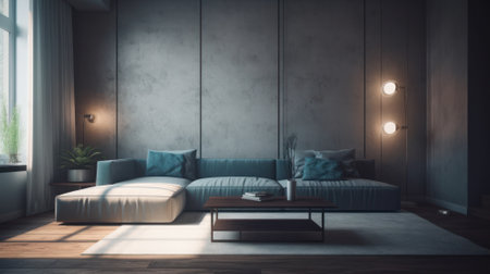 Interior of vintage cozy living room. Stylish corner sofa, coffee table, plant in floor pot, carpet on the floor, trendy floor lamp, modern home decor. Mockup, 3D rendering.の素材