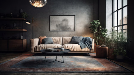 Interior of vintage cozy living room. Stylish sofa with pillows and plaid, coffee table, plants in floor pots, carpet on the floor, poster on the wall, modern home decor. Mockup, 3D rendering.の素材