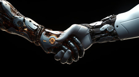 Handshake of two cyborgs, two metal anthropomorphic hands reaching out to each other. Futuristic digital age, robotics, digital technologies, scientific and technological progress. Black background.の素材