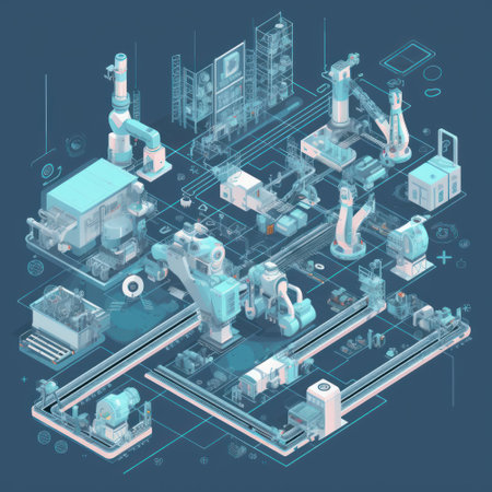 3D project of futuristic workshop with automated assembly lines. Complete replacement of manual labor by mechanisms and robots. Industrial technology and smart futuristic factory concept. 3D renderingの素材