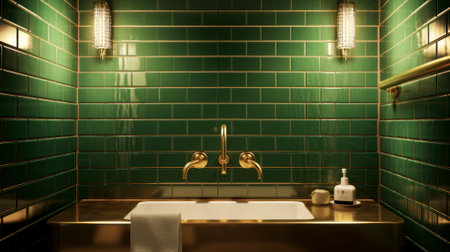 Fragment of a stylish classic luxury bathroom. Green tiled walls brick imitation, white golden color top with integrated sink, gold color old fashioned faucet, wall lamps. 3D rendering.の素材