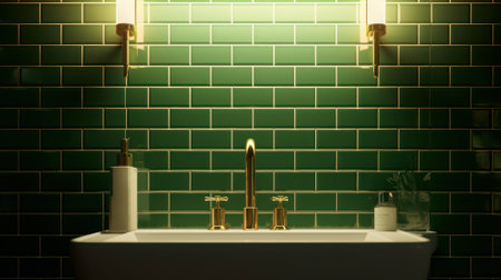 Fragment of a stylish classic luxury bathroom. Green tiled walls brick imitation, countertop sink, gold color old fashioned faucet, wall lamps. 3D rendering.の素材