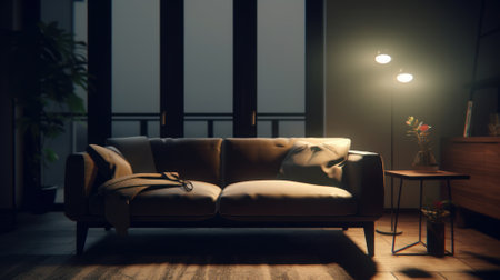 Interior of cozy vintage living room in a luxury apartment. Stylish sofa, coffee table, floor lamp, plant in a pot, carpet on the floor, home decor. Mockup, 3D rendering.の素材