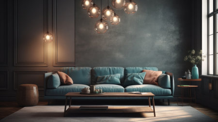 Cozy vintage living room in blue and gray tones. Stylish sofa with pillows, wooden coffee table, carpet, trendy pendant light, home decor. 3D rendering.の素材