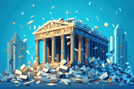 Illustration of a collapsing bank building. Bankruptcy of a financial institution. The bricks of the economic foundation are crumbling, banknotes, stocks and bonds are flying around. Economic crisis.の素材