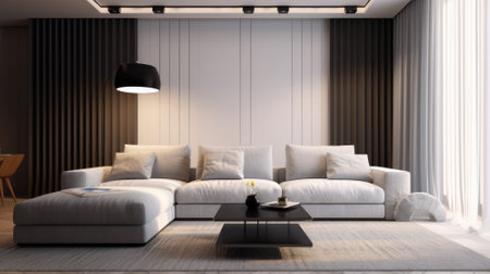 Fragment of a modern minimalist monochrome living room. Wall with dark fabric drapery, comfortable corner sofa with pillows, coffee table, pendant lamp, carpet on the floor. Mockup, 3D rendering.の素材