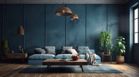 Cozy vintage living room in blue and gray tones. Stylish sofa with pillows and plaid, wooden coffee table, carpet on the wooden floor, pendant lamps, plants, home decor, large window. 3D rendering.の素材