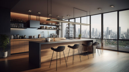 Modern minimalist kitchen with breakfast bar in urban luxury apartment. Wooden facades, wooden floor, wooden bar counter with bar stools, green plants, panoramic window with city view. 3D rendering.の素材