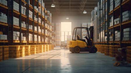 Large industrial warehouse. Tall racks are completely filled with boxes and containers. Many cardboard boxes on the shelves. Forklift in the aisle. Global logistic concept. 3D illustration.の素材