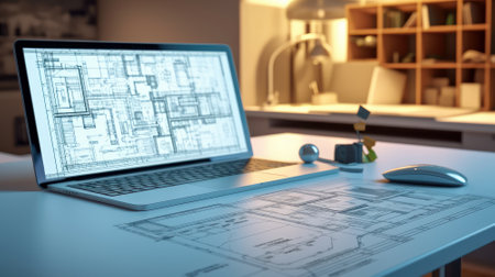 Workplace of an architect, interior designer, engineer. Design project on a laptop monitor, computer mouse, notepad and pencils. Remote work concept. Mockup, 3D illustration.の素材