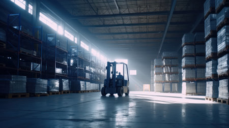 Large industrial warehouse. Tall racks are completely filled with boxes and containers. Many cardboard boxes on the shelves. Forklift in the aisle. Global logistic concept. 3D illustration.の素材