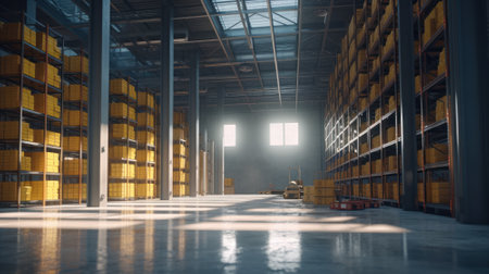 Large industrial warehouse. Tall racks are completely filled with boxes and containers. Many cardboard boxes on the shelves. Forklift in the aisle. Global logistic concept. 3D illustration.の素材