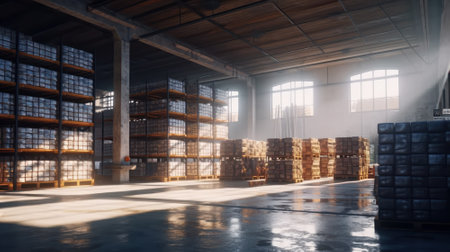 Large industrial warehouse. Tall racks are completely filled with boxes and containers. Many cardboard boxes on pallets in the sorting area. Global logistic concept. 3D illustration.の素材