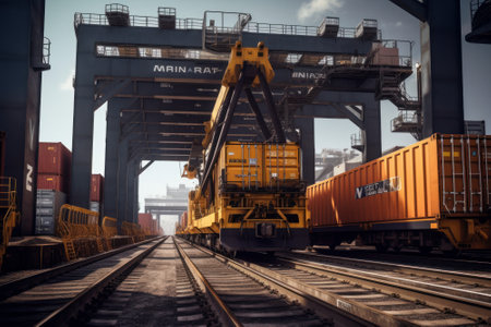 View from the ground to a huge port crane. Loading containers from a railway platform onto a container ship. Global of cargo transportation and logistics concept. 3D illustration.の素材