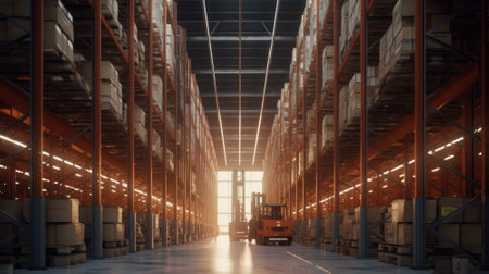 Large industrial warehouse. Tall racks are completely filled with boxes and containers. Many cardboard boxes on the shelves. Forklift in the aisle. Global logistic concept. 3D illustration.の素材