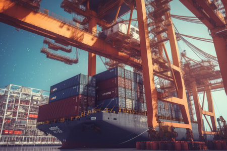 View from the ground to a huge port crane. Loading containers from a railway platform onto a container ship. Global of cargo transportation and logistics concept. 3D illustration.の素材