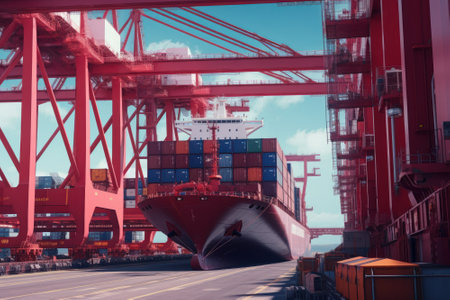 Container ship at the berth in cargo terminal of the port under loading. Port cranes load containers, place them on the deck of the vessel. International freight shipping concept. 3D illustration.の素材