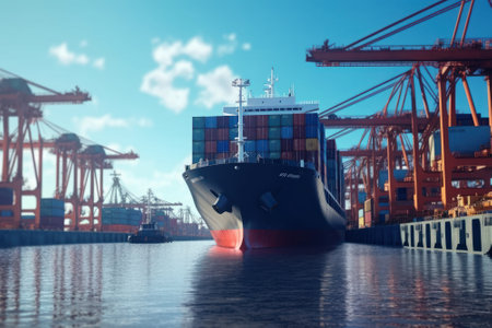 Container ship at the berth in cargo terminal of the port under loading or unloading. Port cranes load containers, place them in rows on the deck of the vessel. International freight shipping concept.の素材