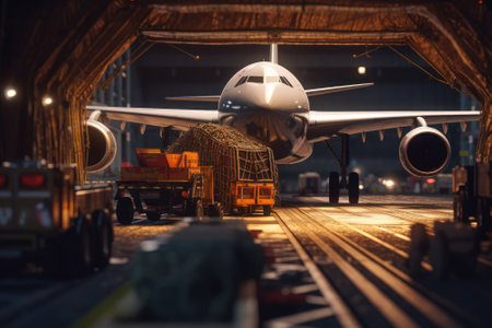 Front view of a cargo plane at the airport. Loading transport aircraft in the cargo terminal of the airport. International freight transport and logistics concept. 3D illustration.の素材