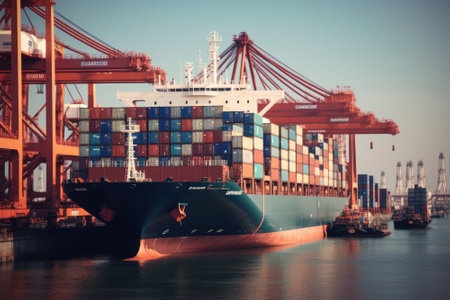 Container ship at the berth in cargo terminal of the port under loading or unloading. Port cranes load containers, place them in rows on the deck of the vessel. International freight shipping concept.の素材