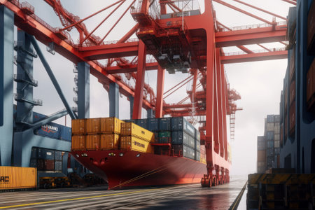 Container ship at the berth in cargo terminal of the port under loading. Port cranes load containers, place them on the deck of the vessel. International freight shipping concept. 3D illustration.の素材