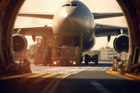 Front view of a cargo plane at the airport. Loading transport aircraft in the cargo terminal of the airport. International freight transport and logistics concept. 3D illustration.の素材