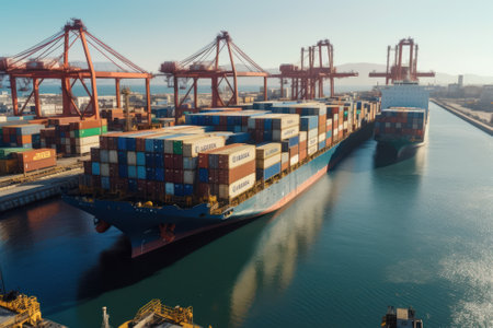 Container ship at the berth in cargo terminal of the port under loading or unloading. Port cranes load containers, place them in rows on the deck of the vessel. International freight shipping concept.の素材