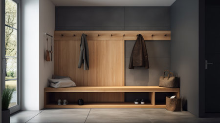 Stylish interior of a hallway in a country house. Gray walls, glazed door, wall hangers, shoe cabinets, plant in a floor pot, home decor. Modern cozy interior. Mockup, 3D rendering.の素材