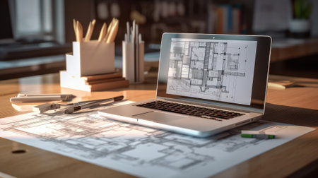Workplace of an architect, interior designer, engineer. Laptop with a project on the monitor, blueprints, pencils and drawing tools on the table. Remote work concept. Mockup, 3D illustration.の素材