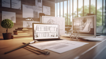 Workplace of an architect, interior designer, engineer. Laptop with a project on the monitor, blueprints, drawing tools and home decor on the table. Remote work concept. Mockup, 3D illustration.の素材