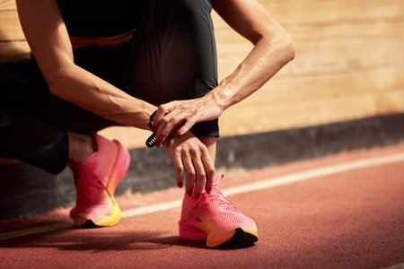 Young athlete girl getting ready for a workout at the stadium. A slender woman in a black tracksuit...