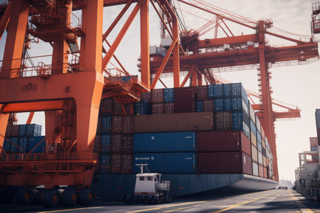 Loading a container ship at cargo berth of the seaport using port cranes. Containers are stacked and secured on board the cargo ship. Global transportation and logistic concept. 3D illustration.の素材