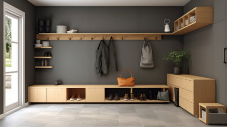 Stylish interior of a hallway in a country house. Gray walls, glazed door, wall hangers, shoe cabinets, plant in a pot, home decor. Modern cozy interior. Mockup, 3D rendering.の素材