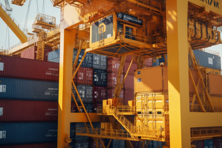 Close-up of a huge port crane. Containers are stacked on the loading dock and ready to be loaded onboard a container ship. Global freight transport and logistic concept. 3D illustration.の素材