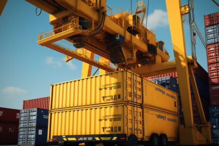 Close-up of a huge port crane. Containers are stacked on the loading dock and ready to be loaded onboard a container ship. Global freight transport and logistic concept. 3D illustration.の素材