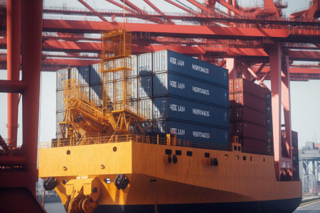 Close-up of a huge port crane. Containers are stacked on the loading dock and ready to be loaded onboard a container ship. Global freight transport and logistic concept. 3D illustration.の素材