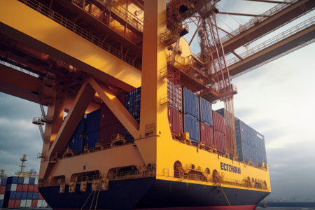Close-up of a huge port crane. Containers are stacked on the loading dock and ready to be loaded onboard a container ship. Global freight transport and logistic concept. 3D illustration.の素材
