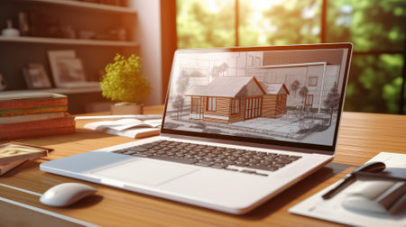 Workplace of an architect, interior designer, engineer. Laptop with a project on the monitor, blueprints, drawing tools and home decor on the table. Remote work concept. Mockup, 3D illustration.の素材