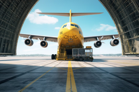 Front view from the ground of a cargo plane at the airport. Loading transport aircraft in the cargo terminal of the airport. International freight transport and logistics concept. 3D illustration.の素材