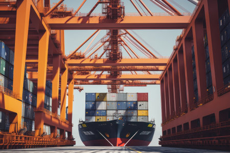 View from the ground to a huge port crane. Loading containers from cargo berth onboard a container ship. Global freight transportation and logistics concept. 3D illustration.の素材