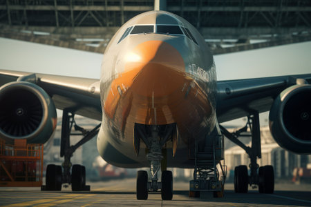 Close-up view from the ground of a cargo plane at the airport. Front view of a wide-body jet taxiing onto the runway. Global freight transportation and logistics concept. 3D illustration.の素材