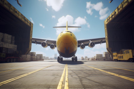 Front view from the ground of a cargo plane at the airport. Loading transport aircraft in the cargo terminal of the airport. International freight transport and logistics concept. 3D illustration.の素材