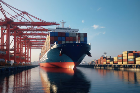 Container ship enters the water area of a giant seaport cargo terminal. Port cranes on the berths are ready to unload the ship. Global freight transportation and logistics concept. 3D illustration.の素材