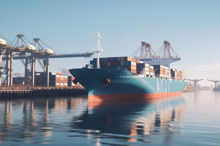 Container ship enters the water area of a giant seaport cargo terminal. Port cranes on the berths are ready to unload the ship. Global freight transportation and logistics concept. 3D illustration.の素材